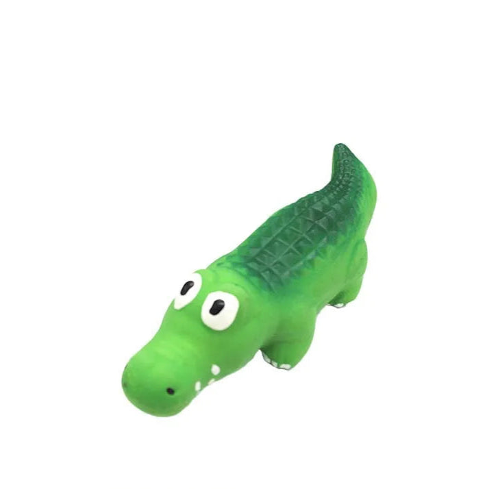 Green crocodile-shaped squeaky dog toy made of soft latex, ideal for chewing, interactive play, and pet entertainment